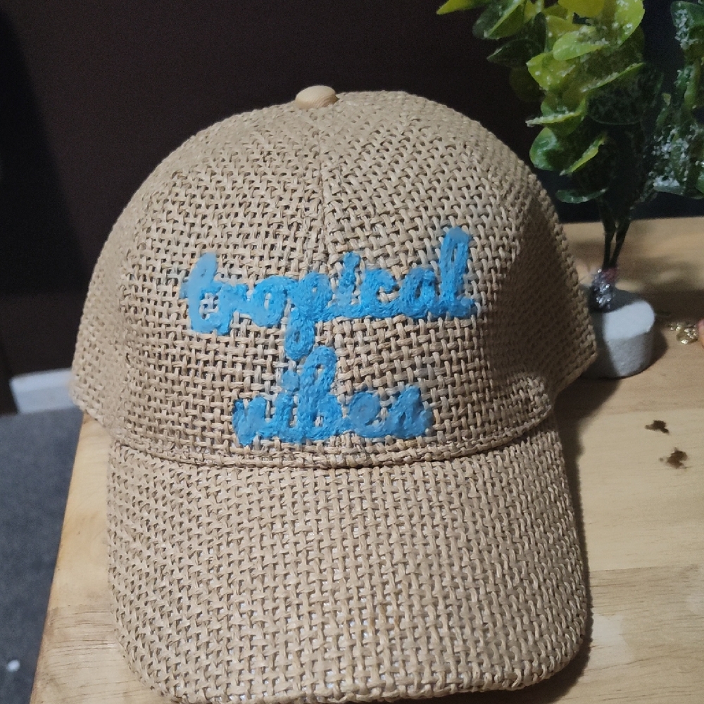 Tan Woven Cap with Blue Embroidery Unisex